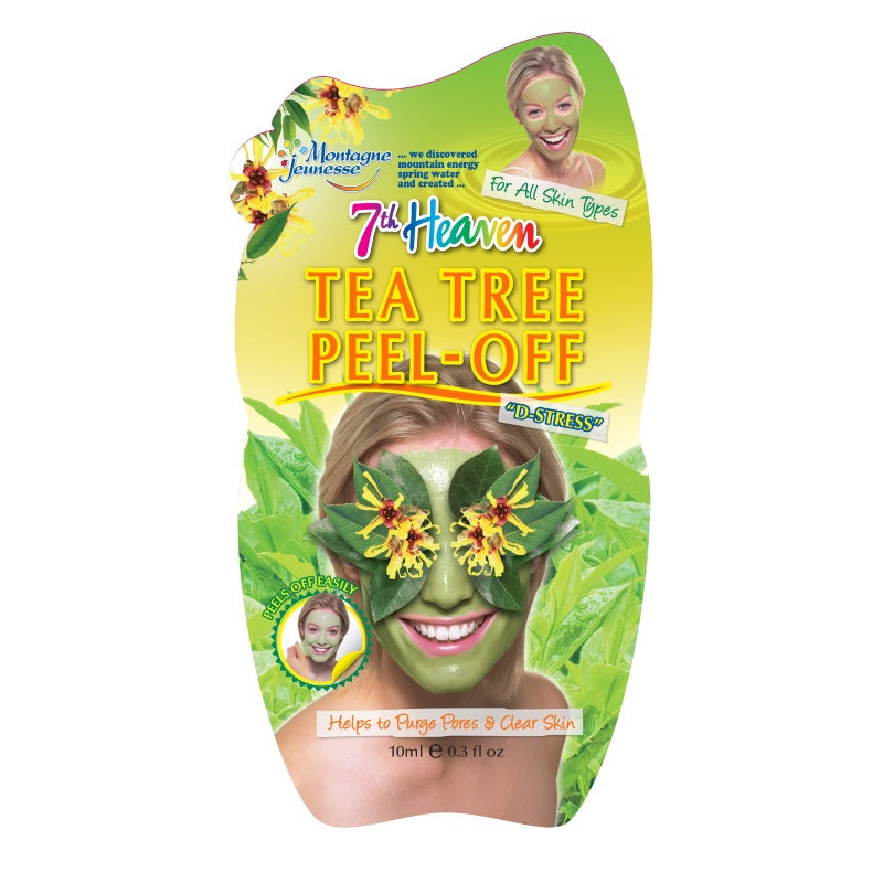 Montagne 7th Heaven tea tree peel-off face mask in 10ml tube, natural skincare product for deep cleansing and pore care.