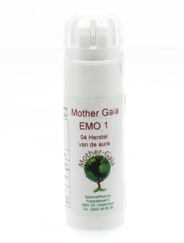 Mother Gaia EMO1 04 herbal supplement for aura healing, featuring a 6g herbal preparation in a natural container.