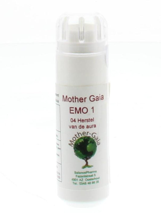 Mother Gaia EMO1 04 herbal supplement for aura healing, featuring a 6g herbal preparation in a natural container.