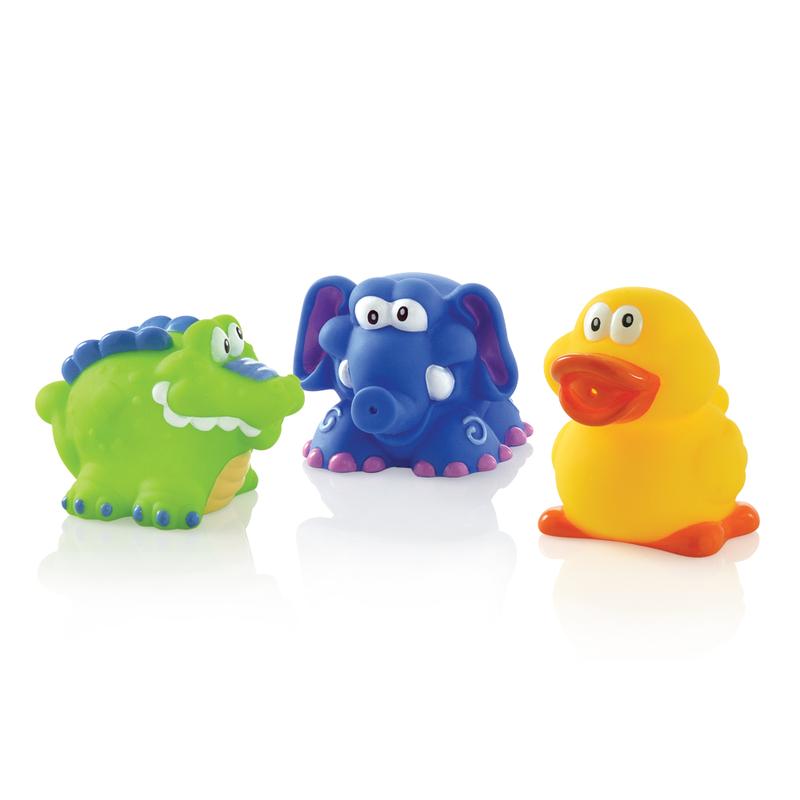 Set of Nuby bath toys featuring a crocodile, elephant, and duck for kids' bath time fun