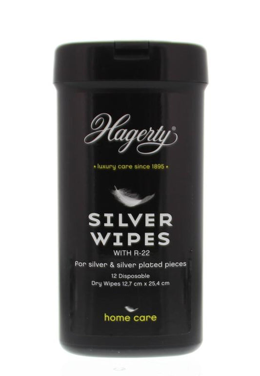 Hagerty Silver wipes pack containing 12 cleaning cloths, designed for polishing and maintaining silverware and jewelry.