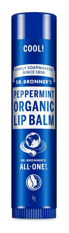 Dr Bronners peppermint lip balm in a 4g container, moisturizing lip care product with natural peppermint scent.