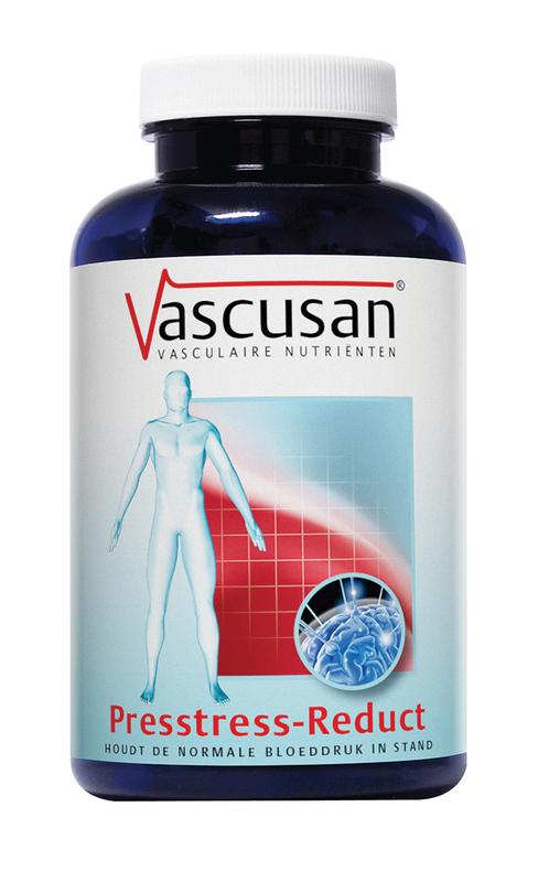 Vascusan Presstress reduct herbal tablets in a container, part of Vascusan kruidenpreparaten for stress reduction.