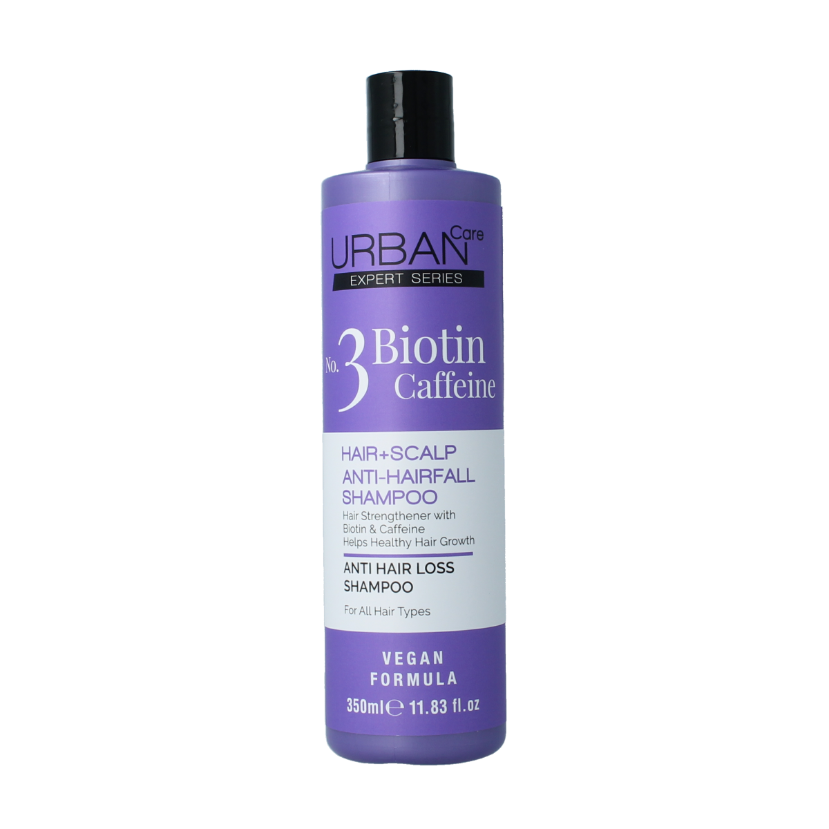 Urban Care Expert hair and scalp shampoo with biotin and caffeine, 350ml bottle, showcasing the product label and packaging.