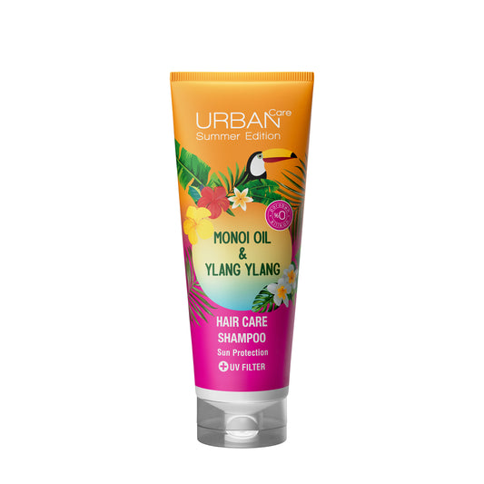 Urban Care Monoi & ylang ylang shampoo bottle, 250ml, for hair care with floral scent and nourishing ingredients.