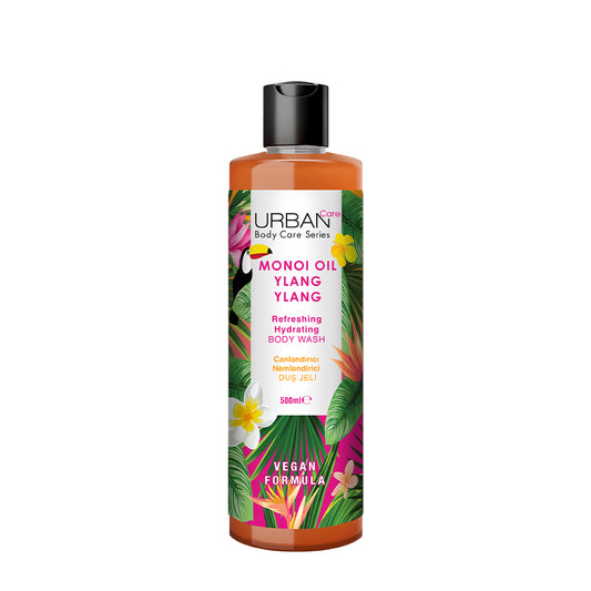 Urban Care Monoi & ylang ylang body wash in a 500ml bottle, featuring floral scent and refreshing body cleansing formula.