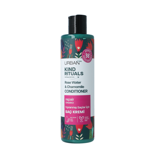 Urban Care Kind Rituals rose water chamomile conditioner 250ml bottle, nourishing hair care product with floral ingredients.