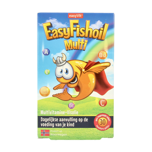 EasyVit Easyfishoil Multi 30 Gummies, soft chews with omega-3 and multivitamins, in a colorful bottle.