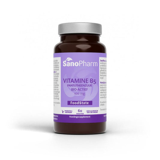 SanoPharm Vitamine B5 Pantothenic Acid 100mg supplement tablets, 60-count, close-up of the bottle with tablets visible