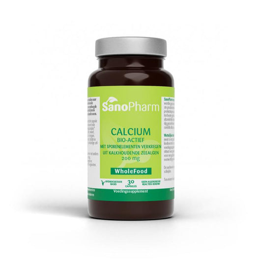 SanoPharm Calcium 200 mg wholefood mineral capsules, 30-count, in a clear bottle with capsules visible inside.