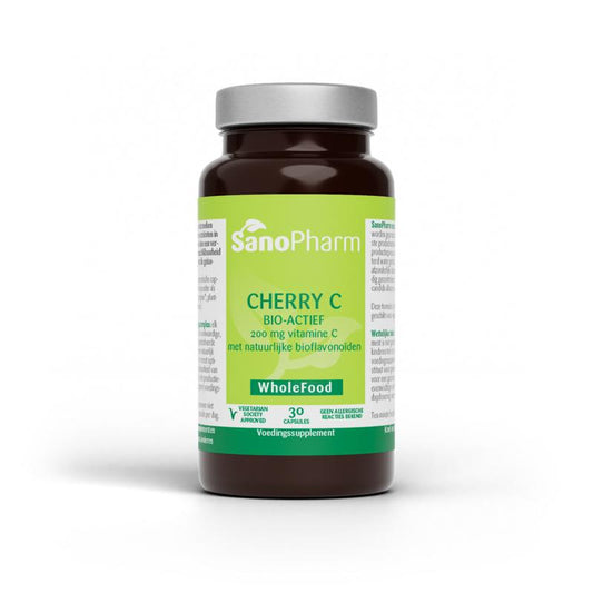 SanoPharm Cherry-C 200 mg wholefood capsules, herbal supplement with cherry extract for immune support, shown in a bottle.