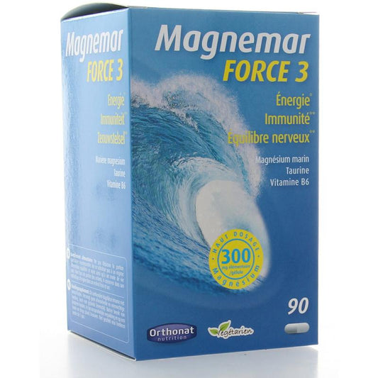 Orthonat Magnemar Force 3 mineral multivitamin capsules in a white bottle with a label showing the product name.