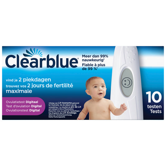 Clearblue digitale ovulatietest kits with 10 tests, featuring white plastic test sticks with digital display for fertility tracking.