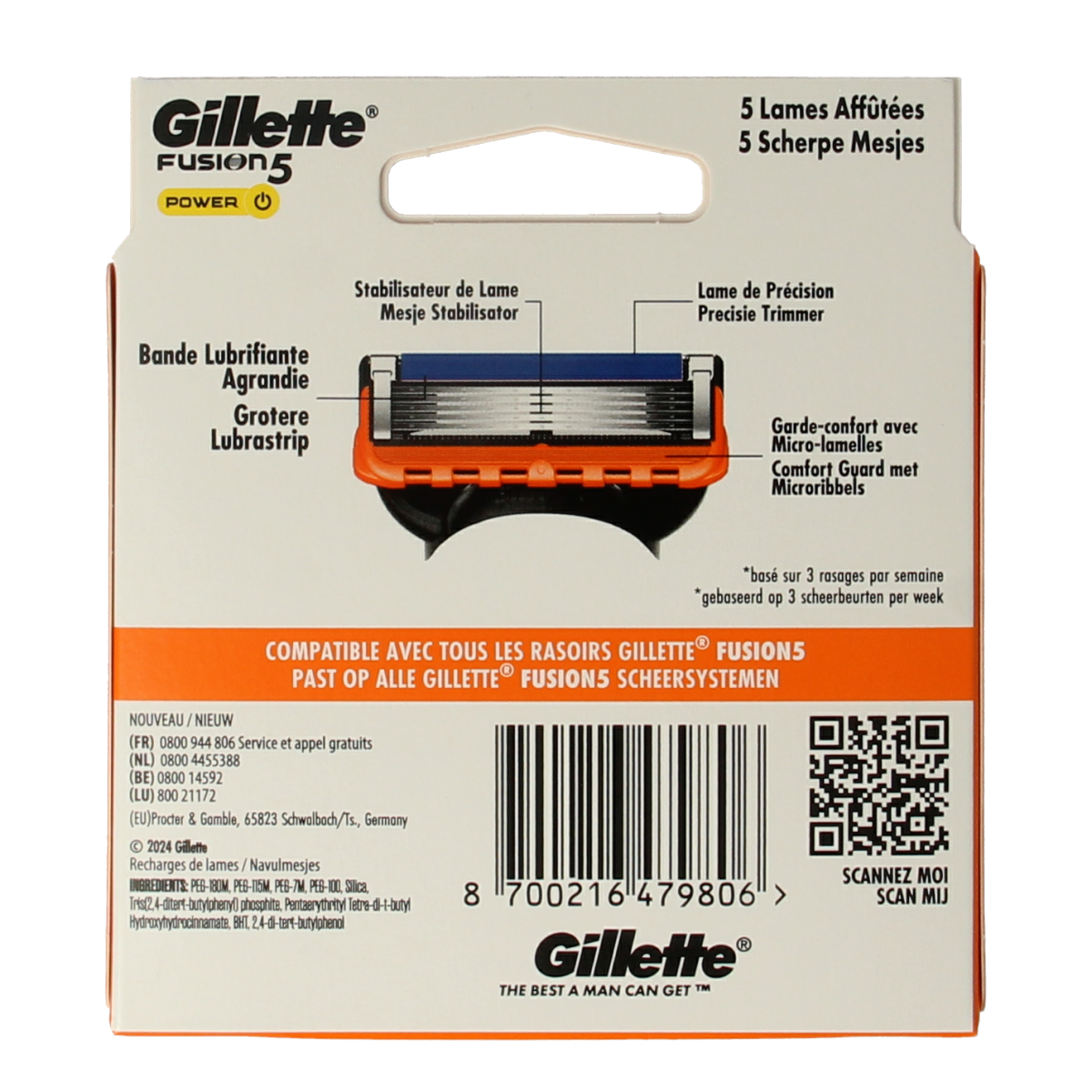 Gillette Fusion Power blades pack with 8 razor blades for shaving, featuring Gillette's precision design and advanced blade technology.
