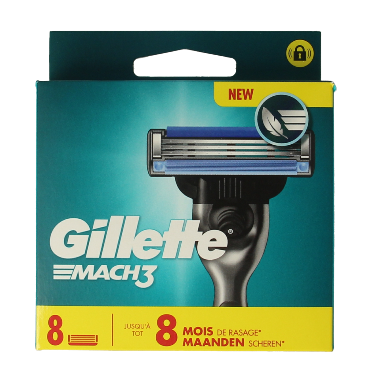 Gillette Mach3 razor blades pack with 8 blades, designed for smooth shaving, in a compact packaging.