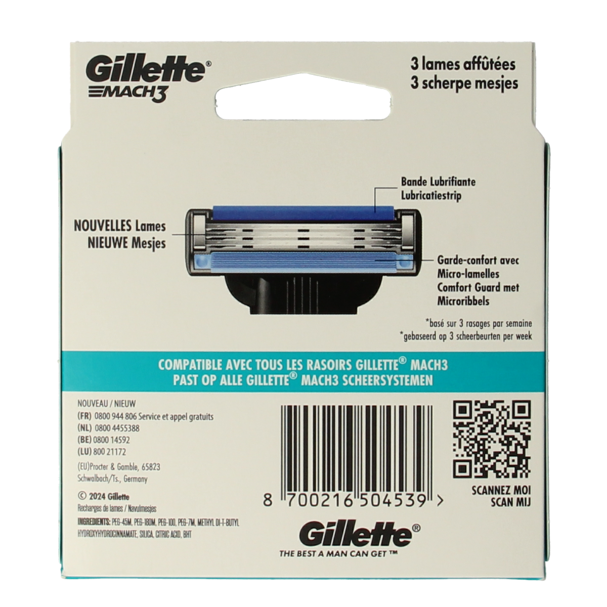 Gillette Mach3 blades, 8-pack, sharp and durable shaver blades for smooth shaving, in packaging with blades visible