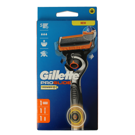 Gillette Proglide Power razor for shaving, showing a close-up of the sleek handle and blade head in a natural setting.