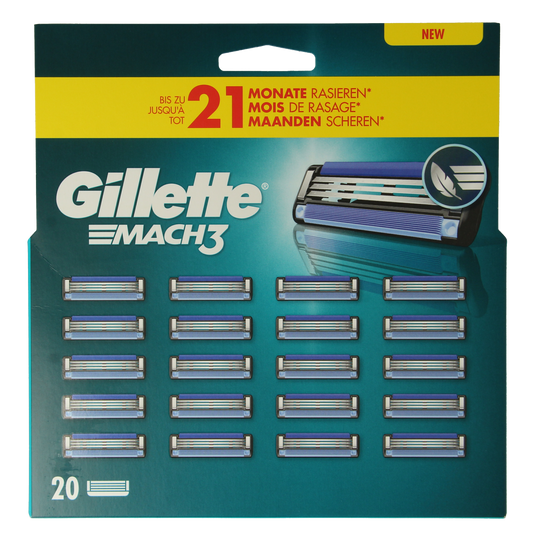 Gillette Mach3 blades pack containing 20 Gillette Mach3 shaving blades for men's shaver, displayed in a clear package.