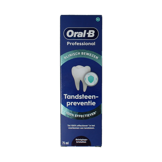 Oral B professional toothpaste for tartar control in 75ml tube showing the toothpaste tube with branding and label details.