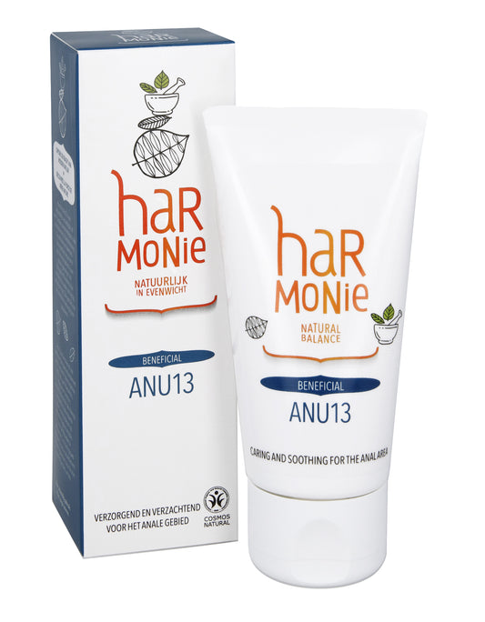 Harmonie Anu13 body care product in a 50ml bottle, featuring natural ingredients and elegant packaging for skincare use.
