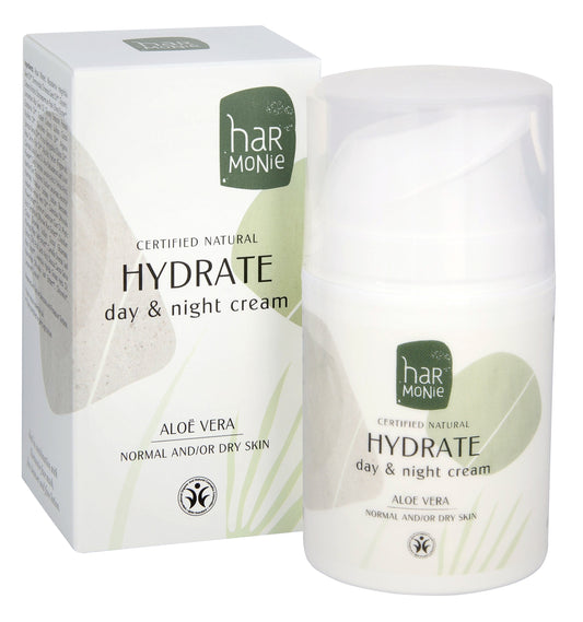 Harmonie Hydrate day and night face cream in 50ml jar, hydrating facial skincare product with a smooth texture and subtle packaging.