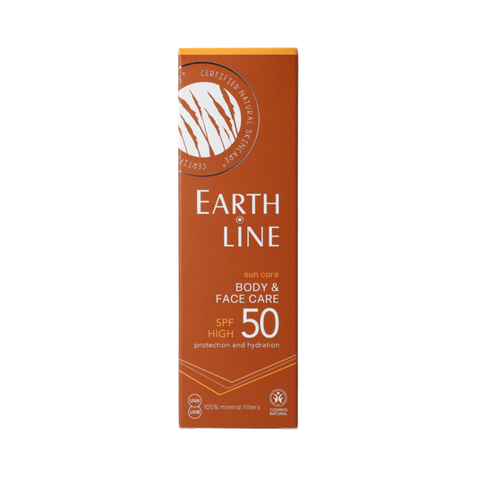 Earth Line Sun Body & Face Care SPF50 BIO sunscreen tube, 100ml, with sun protection for skin from sun damage.