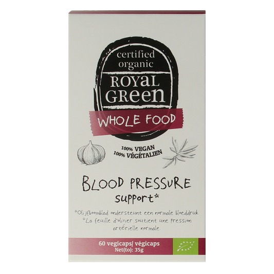 Royal Green Blood Pressure Support bio vegetarian capsules, herbal supplement in clear container with capsules inside.