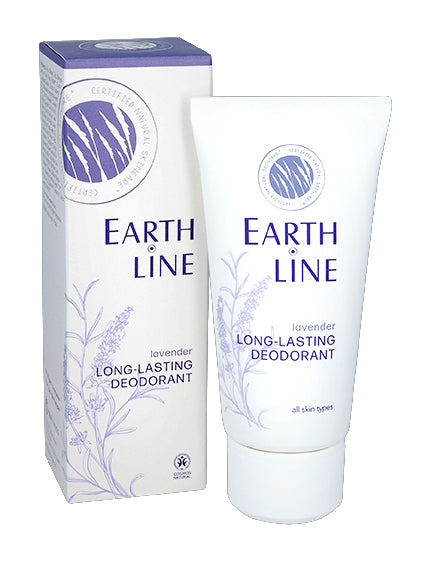 Earth Line lavender long-lasting deodorant in a 50ml bottle, featuring a lavender scent and natural ingredients.