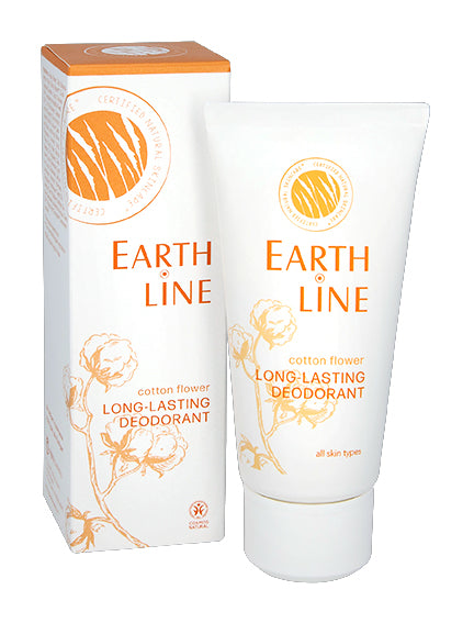 Earth Line long-lasting deodorant with cotton flower scent in a 50ml container, designed for fresh, all-day odor protection.