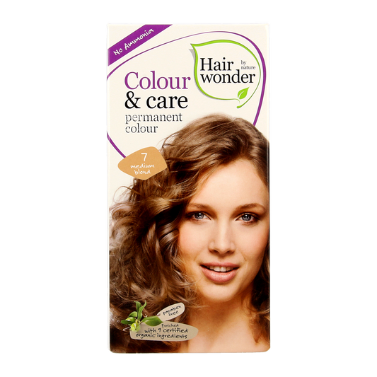 Hairwonder Colour & Care 7 medium blond hair coloring bottle, 100ml, showing the product and packaging.