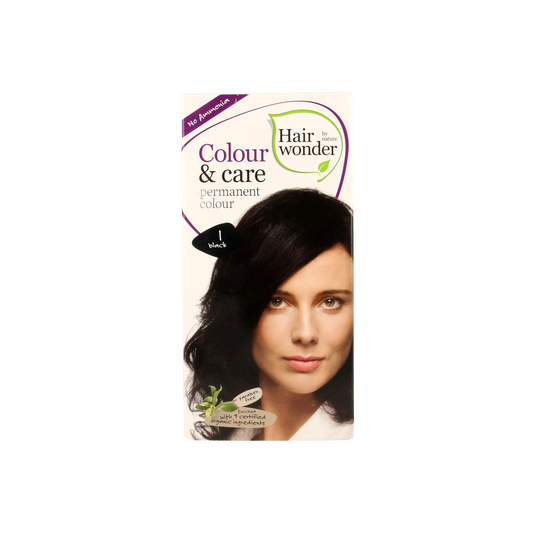 Hairwonder Colour & Care black hair dye in 100ml tube, showing the product packaging with black and white label