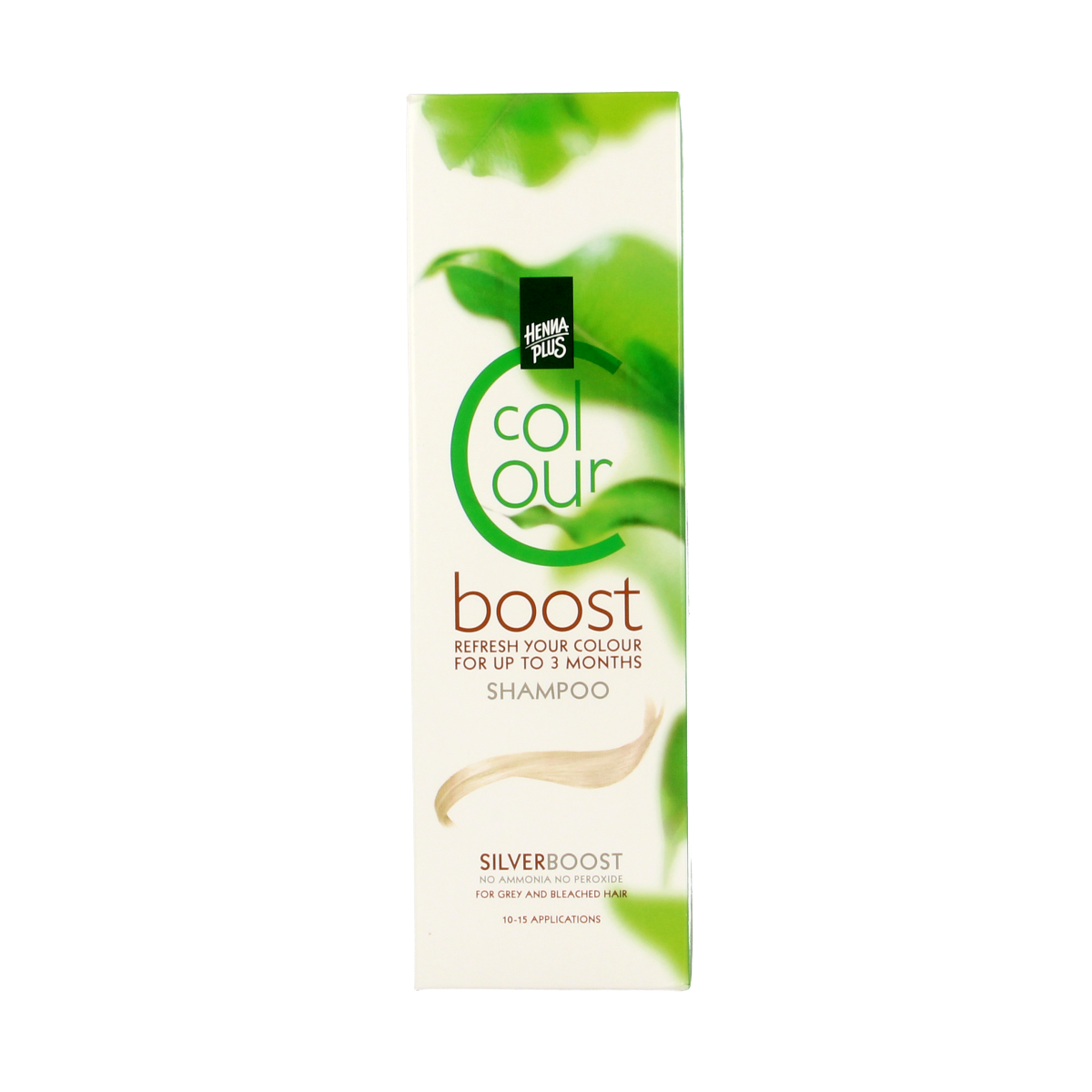 Henna Plus Colour Boost Silver hair dye in 200ml bottle, showing silver-colored hair coloring product for hair coloring.