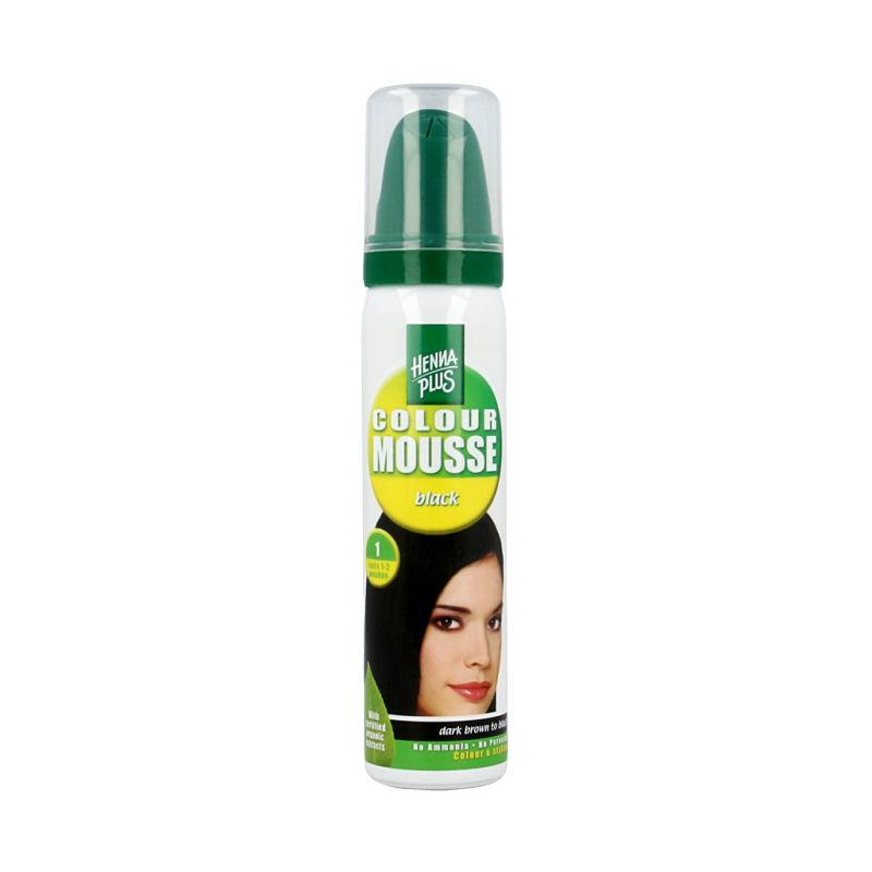 Henna Plus Colour Mousse Styling zwart, 75ml, hair care product with black mousse for styling and coloring hair.