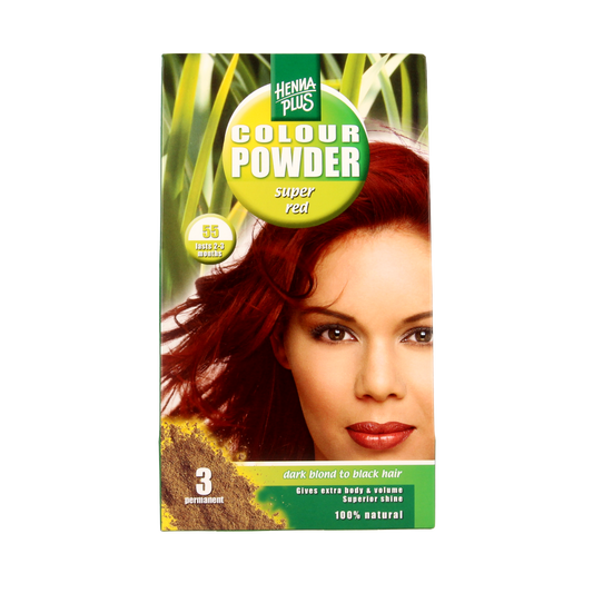 Henna Plus Colour Powder 55 Super Red for hair coloring, showing vibrant red powder in a container.