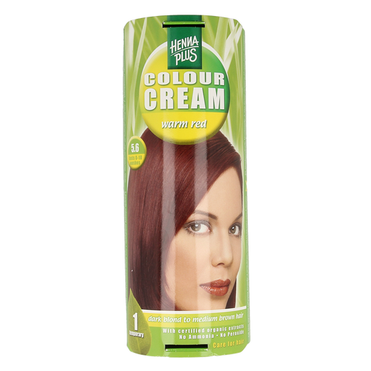 Henna Plus Colour Cream 5.6 Warm Red hair dye tube, 60ml, with color swatch showing vibrant red shade.
