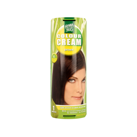 Henna Plus Colour Cream in 4 Brown, 60ml, showing a tube of hair coloring cream with brown shade and product label.