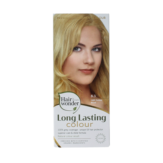 Henna Plus Long Lasting Colour 8.3 Golden Blonde hair dye, 100ml bottle showing golden blonde shade and branding.