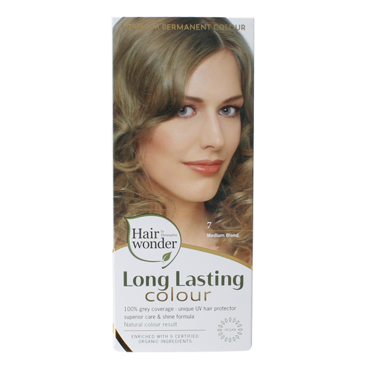 Henna Plus Long Lasting Colour 7 Medium Blonde hair dye in 100ml tube, showcasing the product packaging and color shade.