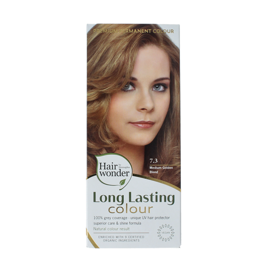 Henna Plus Long-lasting colour 7.3 medium golden blond hair dye, 100ml bottle for vibrant, natural-looking hair color.