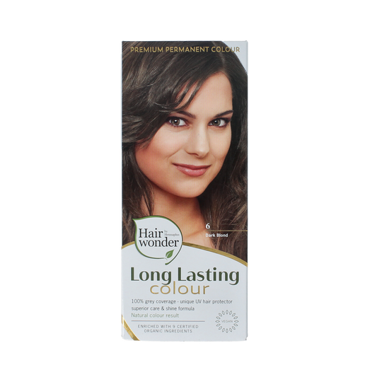 Henna Plus Long Lasting Colour 6 Dark Blond hair dye in 100ml bottle, showing the product packaging and color information.