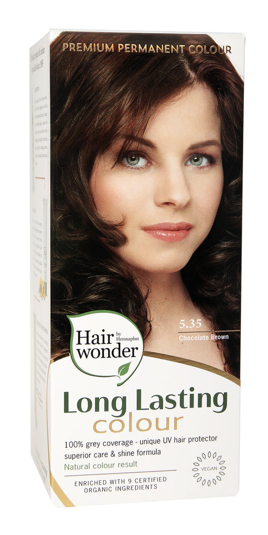 Henna Plus Long Lasting Colour 5.35 Chocolate Brown hair dye, 100ml bottle with rich brown shade, natural hair coloring product.