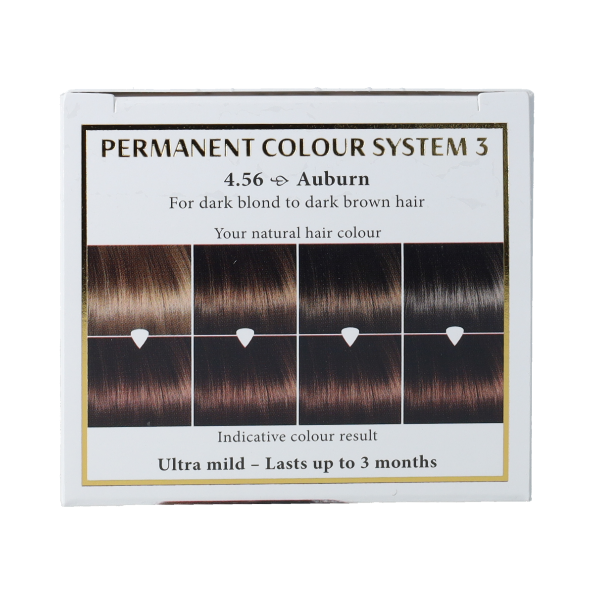 Hairwonder long-lasting auburn hair coloring in 4.56 shade, showing a vibrant, evenly colored hair strand.