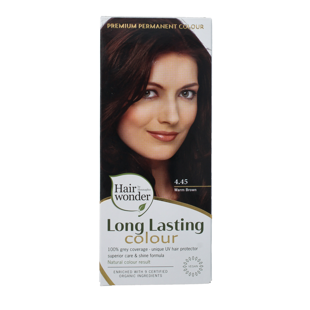 Henna Plus Long Lasting Colour 4.45 Warm Brown hair dye bottle, 100ml for natural, vibrant hair coloring.