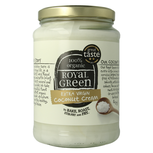 Royal Green Kokos cooking cream extra virgin bio in 1400ml container, featuring creamy coconut oil for cooking and baking.