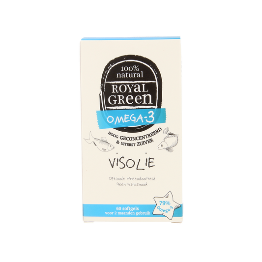 Royal Green Omega 3 softgels, dietary vetzuren supplement, arranged in a clear bottle with a green label.