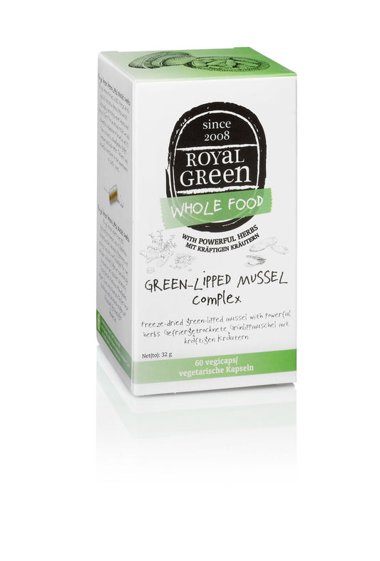 Royal Green green-lipped mussel complex vegetarian capsules, herbal supplement in a clear bottle with capsules inside.