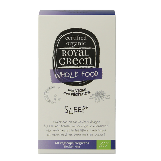 Royal Green Sleep bio vegetarian capsules, herbal supplement in a clear bottle with capsules visible inside.