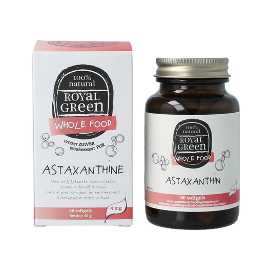 Royal Green Astaxanthine softgels in a bottle, dietary supplement for skin and eye health, herbal product from Royal Green.