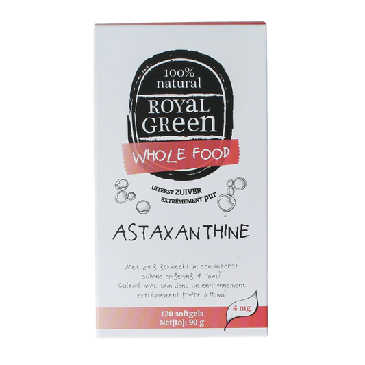 Royal Green Astaxanthine 120 softgels in a bottle, dietary supplement for antioxidant support, Kruidenpreparaten product.