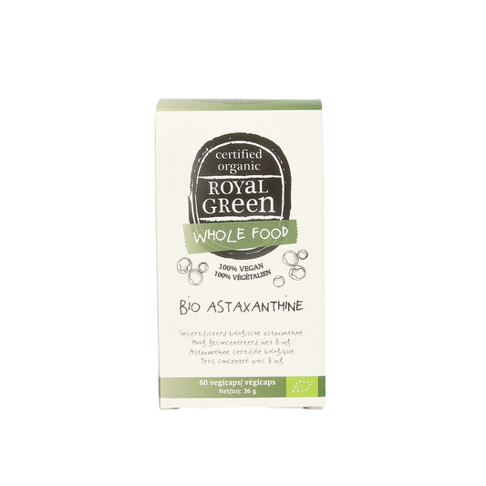 Royal Green Astaxanthine bio vegetarian capsules, herbal supplement bottle with label and capsules visible.
